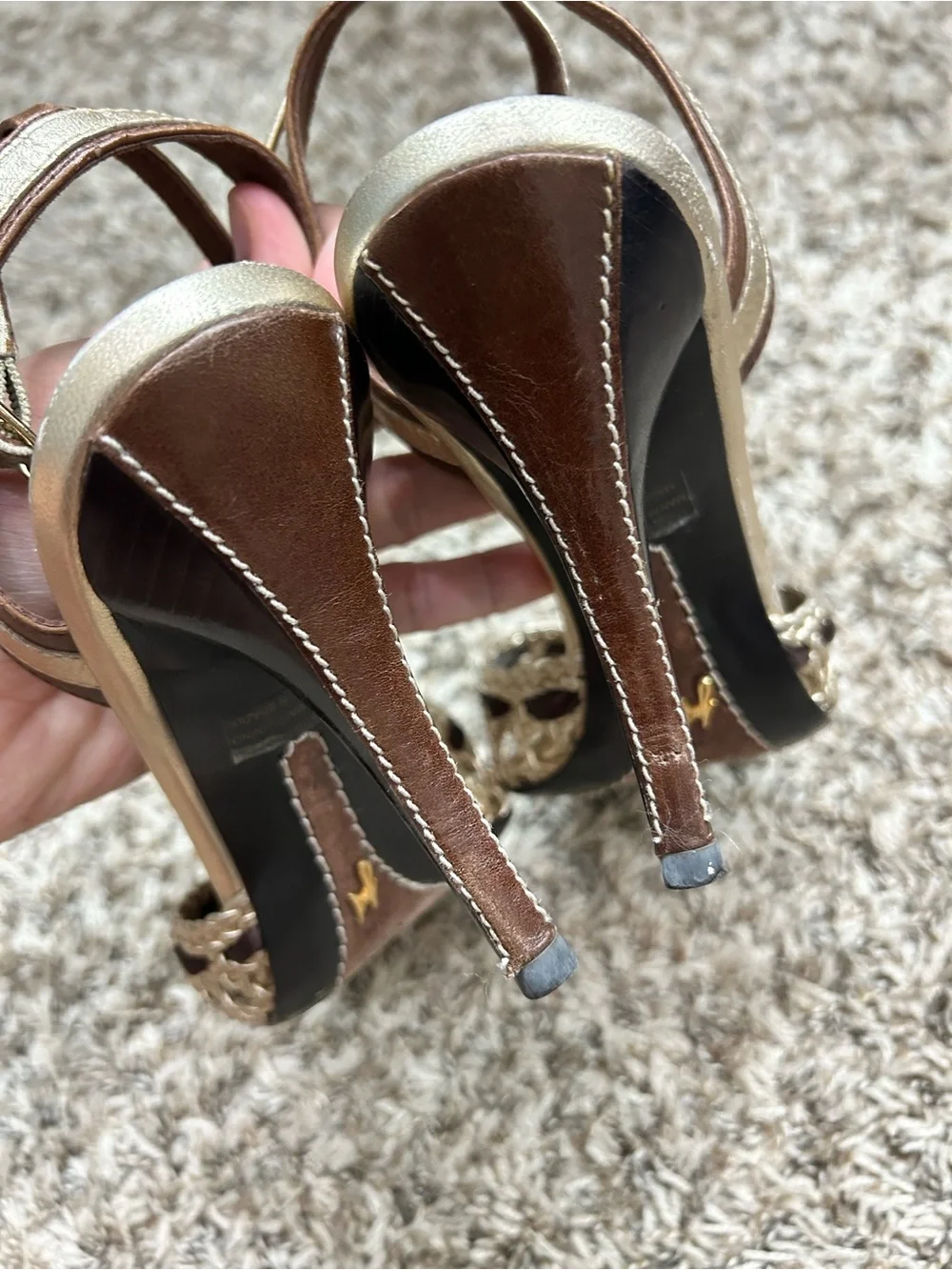 JV J Vincent Leather Woven Gold Ankle Strap Heels Peep Toe Womens Sz 9